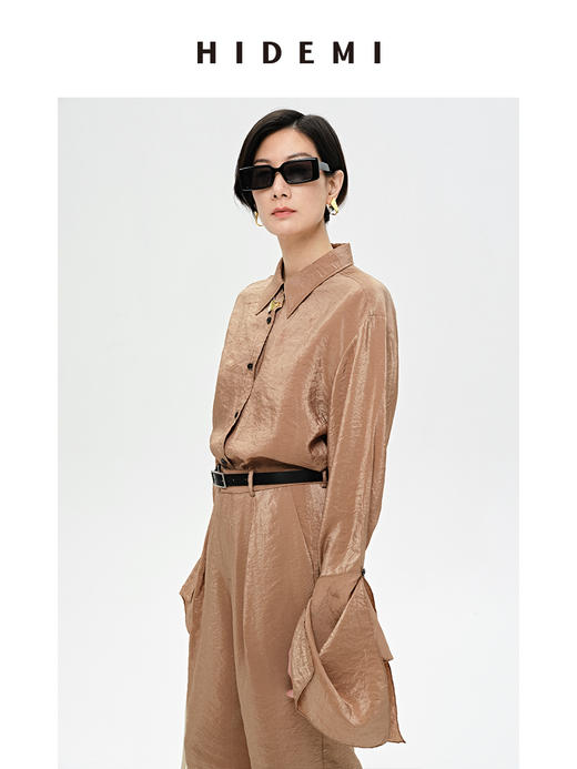 HIDEMI 【麦子同款】极简设计感花苞堆堆袖衬衫垂顺亲肤缎感衬衫套装  衬衫/长裤  乳白色/饼干色 商品图5