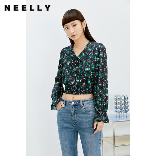 NEELLY纳俪商场同款碎花衬衫女气质小翻领短款收腰小衫喇叭袖春夏N22031R01121 商品图2