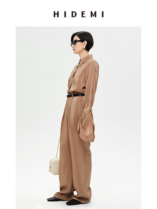 HIDEMI 【麦子同款】极简设计感花苞堆堆袖衬衫垂顺亲肤缎感衬衫套装  衬衫/长裤  乳白色/饼干色 商品图4