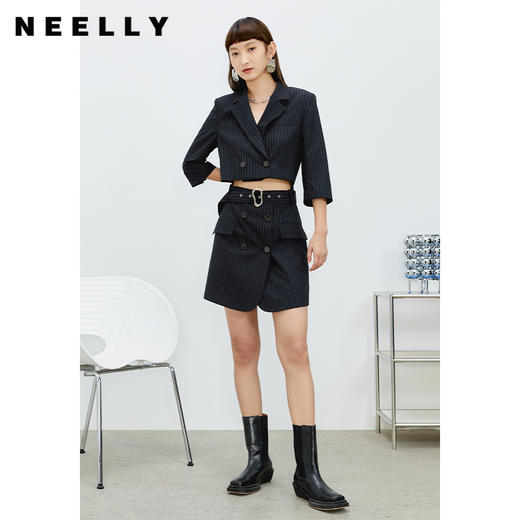 NEELLY纳俪气质条纹西装连衣裙女收腰系带A字裙露腰设计通勤春夏N22031Y01135 商品图3