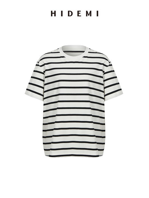 HIDEMI 条纹高密棉圆领亲肤百搭廓形T恤 黑白条纹/蓝白条纹/棕白条纹 商品图12