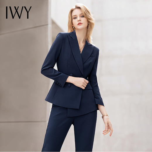 IWY/藏青色阔腿裤职业套装女双排扣修身西服工装气质英伦风面试正装OL C11358+P30358 商品图3