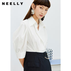 NEELLY纳俪白衬衫拼接连衣裙女中长款小个子气质泡泡袖单排扣上衣N22031Y01134