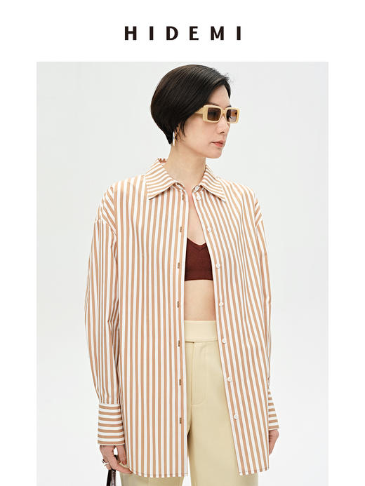 HIDEMI 极简设计感暖橘色条纹休闲经典款廓形高支棉衬衫 商品图4