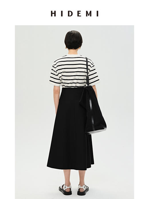 HIDEMI 条纹高密棉圆领亲肤百搭廓形T恤 黑白条纹/蓝白条纹/棕白条纹 商品图11