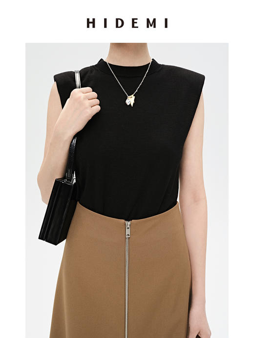HIDEMI 真丝羊毛超细针织呼吸透感亲肤垫肩圆领无袖上衣 商品图3