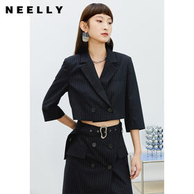 NEELLY纳俪气质条纹西装连衣裙女收腰系带A字裙露腰设计通勤春夏N22031Y01135