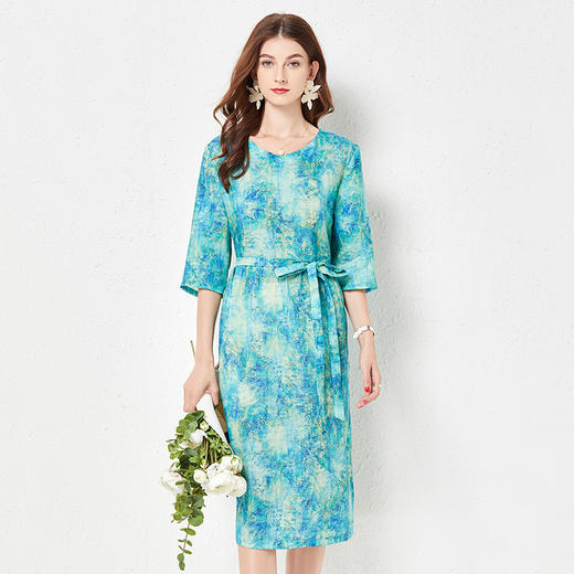 丁摩 春夏原创扎染苎麻连衣裙印花V领系腰带收腰棉麻裙子Q122022 商品图7