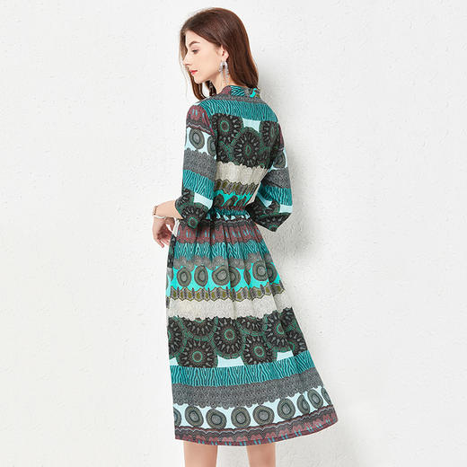 丁摩 春夏原创苎麻裙子印花民族风V领抽绳棉麻连衣裙Q122017 商品图4