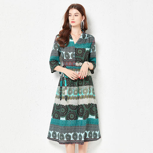 丁摩 春夏原创苎麻裙子印花民族风V领抽绳棉麻连衣裙Q122017 商品图2