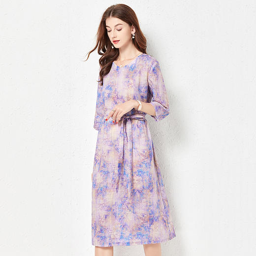 丁摩 春夏原创扎染苎麻连衣裙印花V领系腰带收腰棉麻裙子Q122022 商品图3
