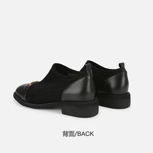 炒洋气！巨显脚踝纤细！头层牛皮+飞织弹力布！2022春新款英伦深口粗跟百搭弹力休闲女士单鞋休闲鞋 经典黑 气质款 商品图1