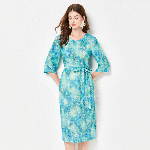 丁摩 春夏原创扎染苎麻连衣裙印花V领系腰带收腰棉麻裙子Q122022 商品图8