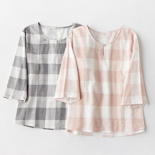 MUJI风 日式纯棉格子睡衣两件套 双层纱 宽松家居服 可外穿 商品图6