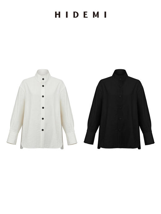 HIDEMI 极简空气感亚麻半透拼接廓形休闲衬衫 黑色/白色 商品图6