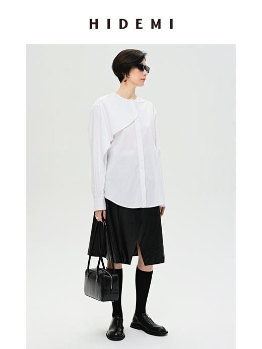 HIDEMI 褶皱做旧感环保皮黑色一粒扣不对称半身裙 商品图12