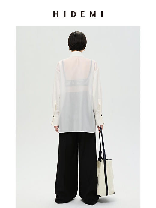 HIDEMI 极简空气感亚麻半透拼接廓形休闲衬衫 黑色/白色 商品图10