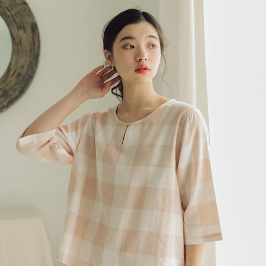 MUJI风 日式纯棉格子睡衣两件套 双层纱 宽松家居服 可外穿 商品图2