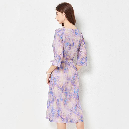 丁摩 春夏原创扎染苎麻连衣裙印花V领系腰带收腰棉麻裙子Q122022 商品图4