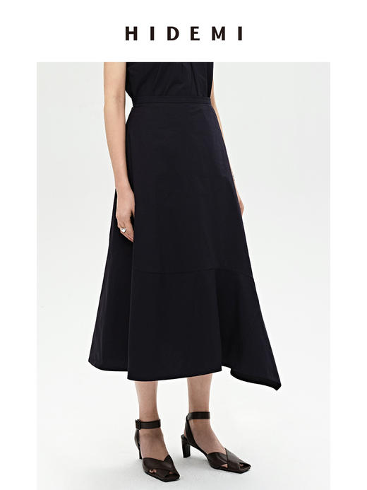 HIDEMI 藏蓝色简约不对称设计感鱼尾式拼接立体剪裁半身裙 商品图2