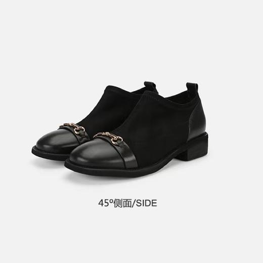炒洋气！巨显脚踝纤细！头层牛皮+飞织弹力布！2022春新款英伦深口粗跟百搭弹力休闲女士单鞋休闲鞋 经典黑 气质款 商品图3