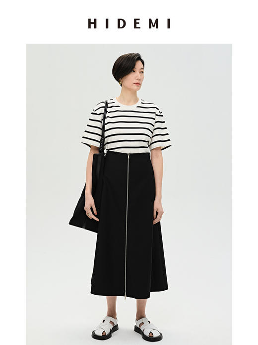 HIDEMI 条纹高密棉圆领亲肤百搭廓形T恤 黑白条纹/蓝白条纹/棕白条纹 商品图9