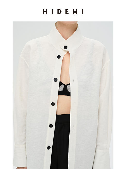 HIDEMI 极简空气感亚麻半透拼接廓形休闲衬衫 黑色/白色 商品图7