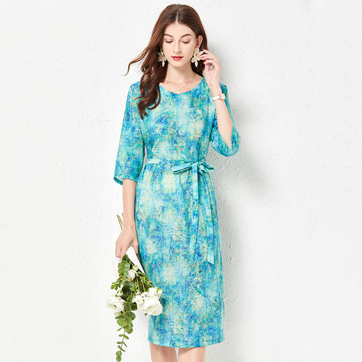 丁摩 春夏原创扎染苎麻连衣裙印花V领系腰带收腰棉麻裙子Q122022 商品图6