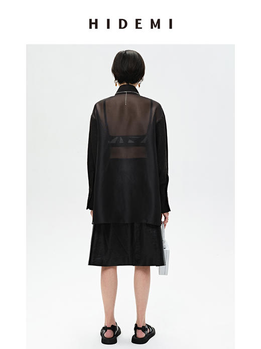 HIDEMI 极简空气感亚麻半透拼接廓形休闲衬衫 黑色/白色 商品图5