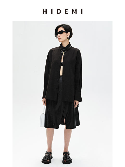 HIDEMI 极简空气感亚麻半透拼接廓形休闲衬衫 黑色/白色 商品图3