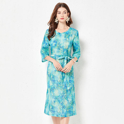 丁摩 春夏原创扎染苎麻连衣裙印花V领系腰带收腰棉麻裙子Q122022 商品图1