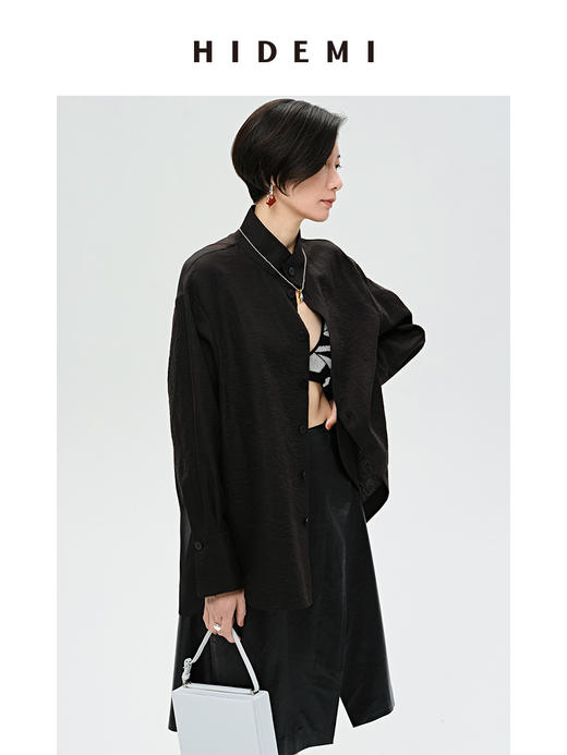 HIDEMI 极简空气感亚麻半透拼接廓形休闲衬衫 黑色/白色 商品图2