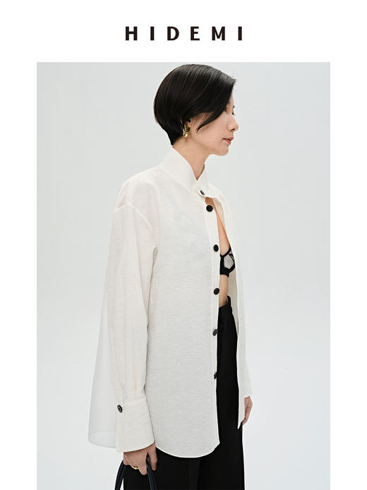 HIDEMI 极简空气感亚麻半透拼接廓形休闲衬衫 黑色/白色 商品图8