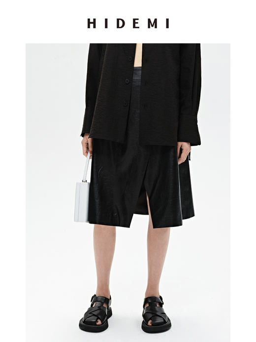 HIDEMI 褶皱做旧感环保皮黑色一粒扣不对称半身裙 商品图14