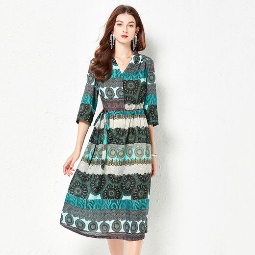 丁摩 春夏原创苎麻裙子印花民族风V领抽绳棉麻连衣裙Q122017 商品图1