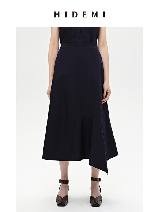 HIDEMI 藏蓝色简约不对称设计感鱼尾式拼接立体剪裁半身裙 商品图1