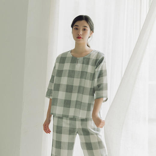 MUJI风 日式纯棉格子睡衣两件套 双层纱 宽松家居服 可外穿 商品图3