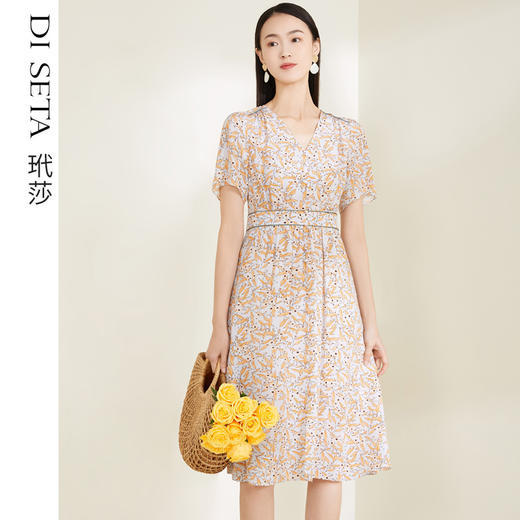 玳莎印花V领真丝连衣裙2022夏季新款优雅碎花裙温柔风中长款裙子 CB35104 商品图0