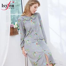 Isyfen/伊丝芬 双层针织印花 长袖睡裙 简洁舒适
