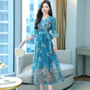 2022夏季新款气质V领荷叶边袖口收腰印花雪纺连衣裙  XYX3567 商品缩略图3