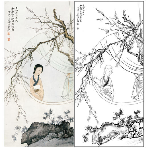 【大彩图】陈少梅工笔传统仕女人物画白描底稿《红楼望梅图》临摹勾线高清打印稿SV18 商品图0