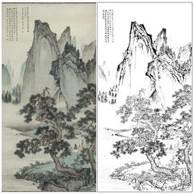 【大彩图】陈少梅工笔画白描底稿《云漳松下会友图》山水人物临摹勾线高清打印稿SV07
