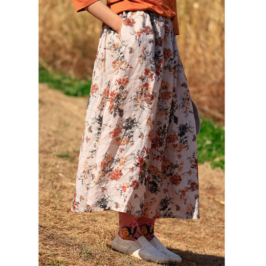 绽放/D1035朵/清新印花苎麻半身裙 商品图1