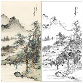 【大彩图】陈少梅工笔画白描底稿《高士图》山水人物临摹勾线高清打印稿SV17