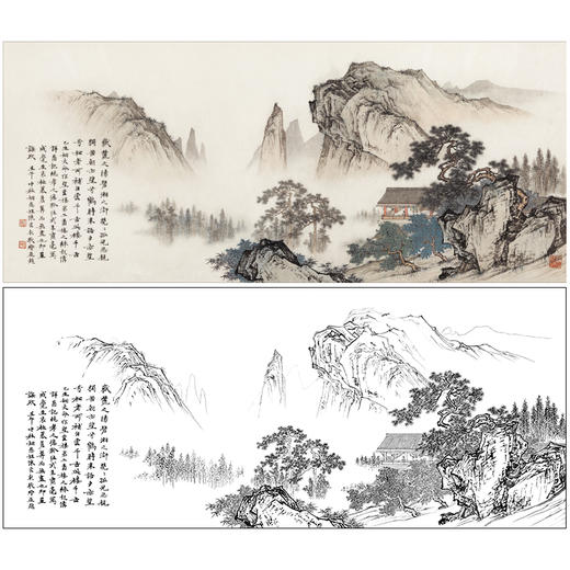 【大彩图】陈少梅横幅工笔画白描底稿《望云楼》山水临摹勾线高清打印稿SV21 商品图0