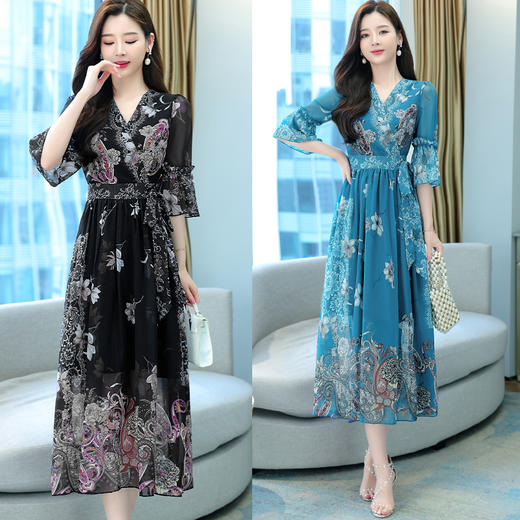2022夏季新款气质V领荷叶边袖口收腰印花雪纺连衣裙  XYX3567 商品图0