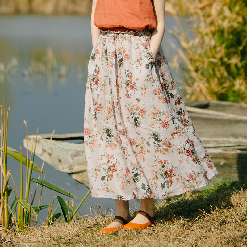 绽放/D1035朵/清新印花苎麻半身裙