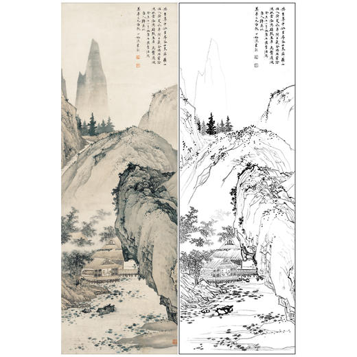 【大彩图】陈少梅工笔画白描底稿《唐人诗意图》山水人物临摹勾线高清打印稿SV20 商品图0