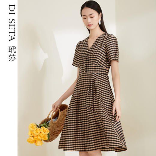 玳莎格子V领连衣裙女 复古设计感小众通勤中长款裙子 CA35102 商品图0