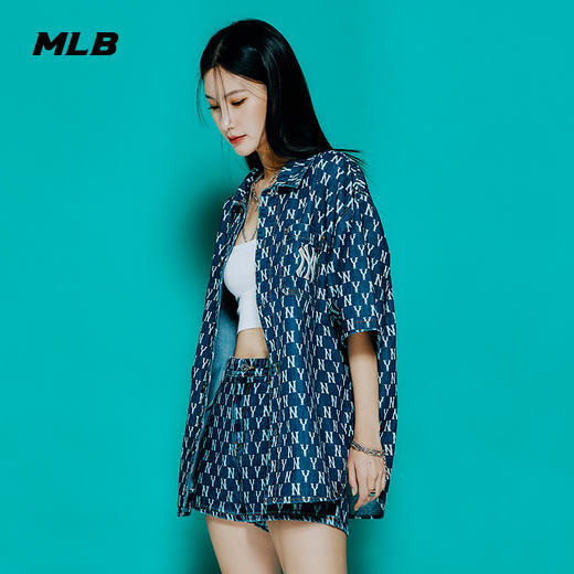 MLB男女同款牛仔衬衫复古老花短袖运动休闲22春夏新款3ADRMN123 商品图1